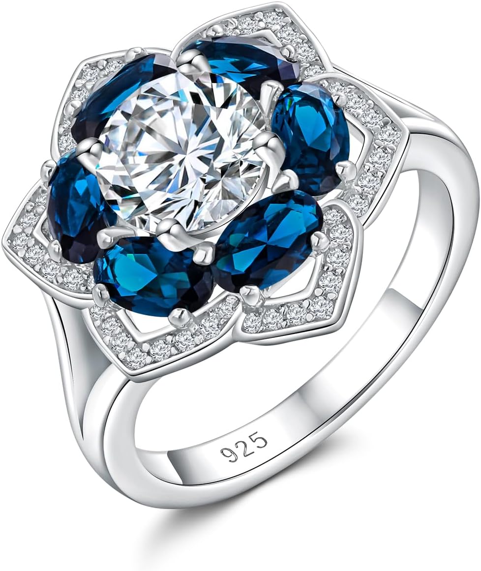 Flower Engagement Promise Ring Sterling Silver Birthstone Rings for Women Sapphire/Emerald/Ruby Gemstone Six Leaf Clover Statement Cocktail Ring Size 6 to 10