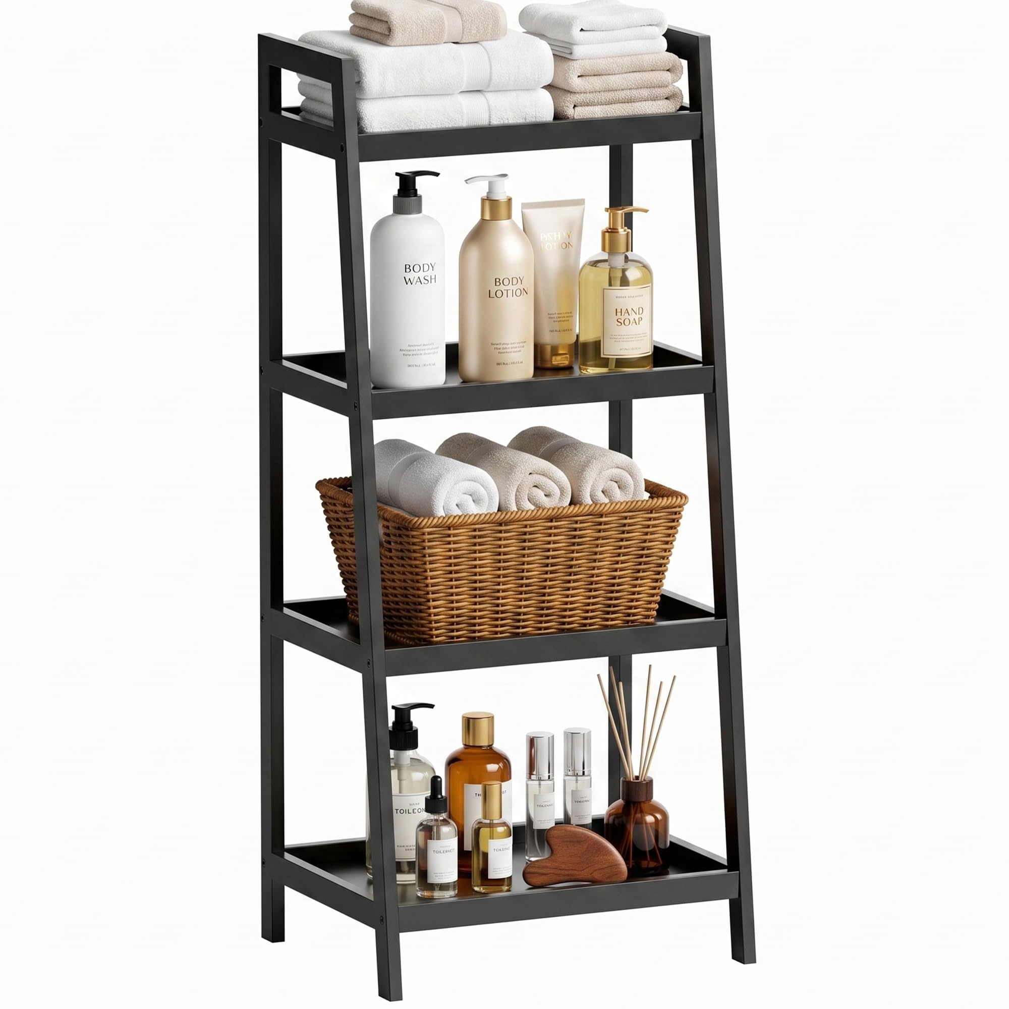 SMIBUY Bamboo Ladder Bookcase, Bathroom Storage Rack Organizer, 4 Tier and 5 Tier Freestanding Plant Display Stand Space Saver Shelves for Bedroom, Balcony (Black, 4 Tiers (99cm H))