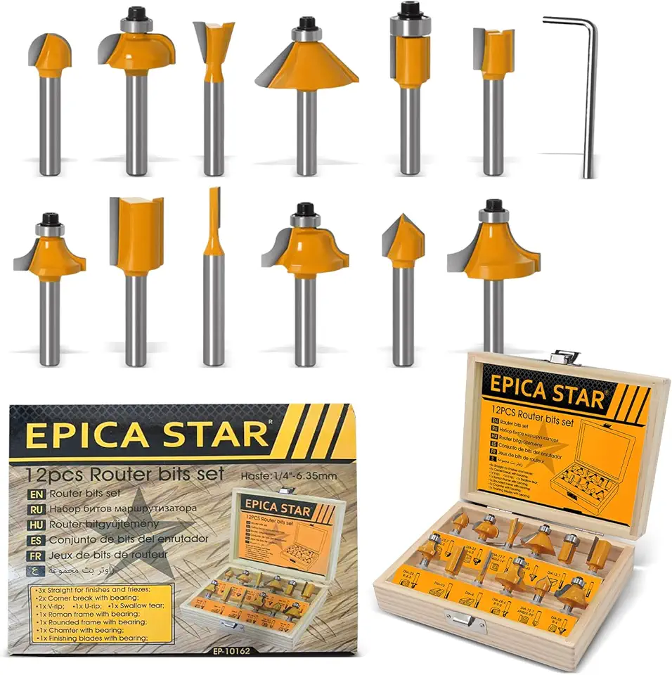 Jogo De Fresas Para Tupia Madeira Com 12 Peças, 6,35 mm Kit de Fresas para Tupia Madeira, Adequado para Máquinas de Tupia Laminadora, EPICA STAR