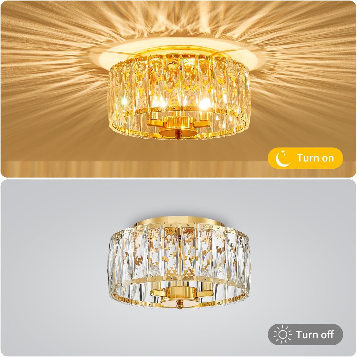 Crystal Ceiling Light, 3-Light Modern Flushmount Ceiling Light for Living Room, Dinning Room Hallway, D12xH9inch, Gold Finish Frame & K9 Crystal