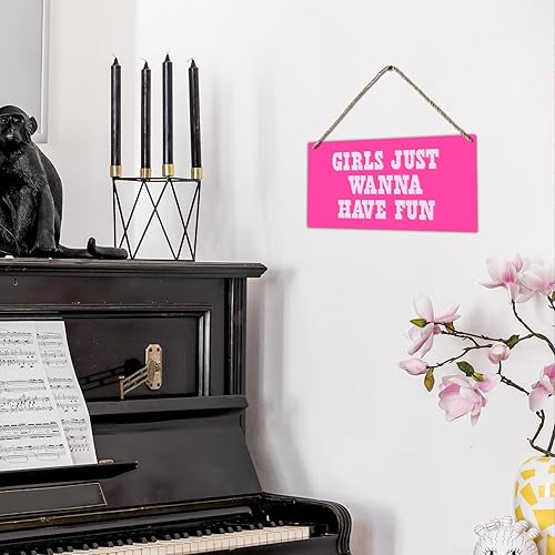 Miniatura 5 de Letrero de madera impreso con texto en inglés Hot Pink Preppy Girls Just Wanna Have Fun para colgar en la pared, decoración de pared para habitación
