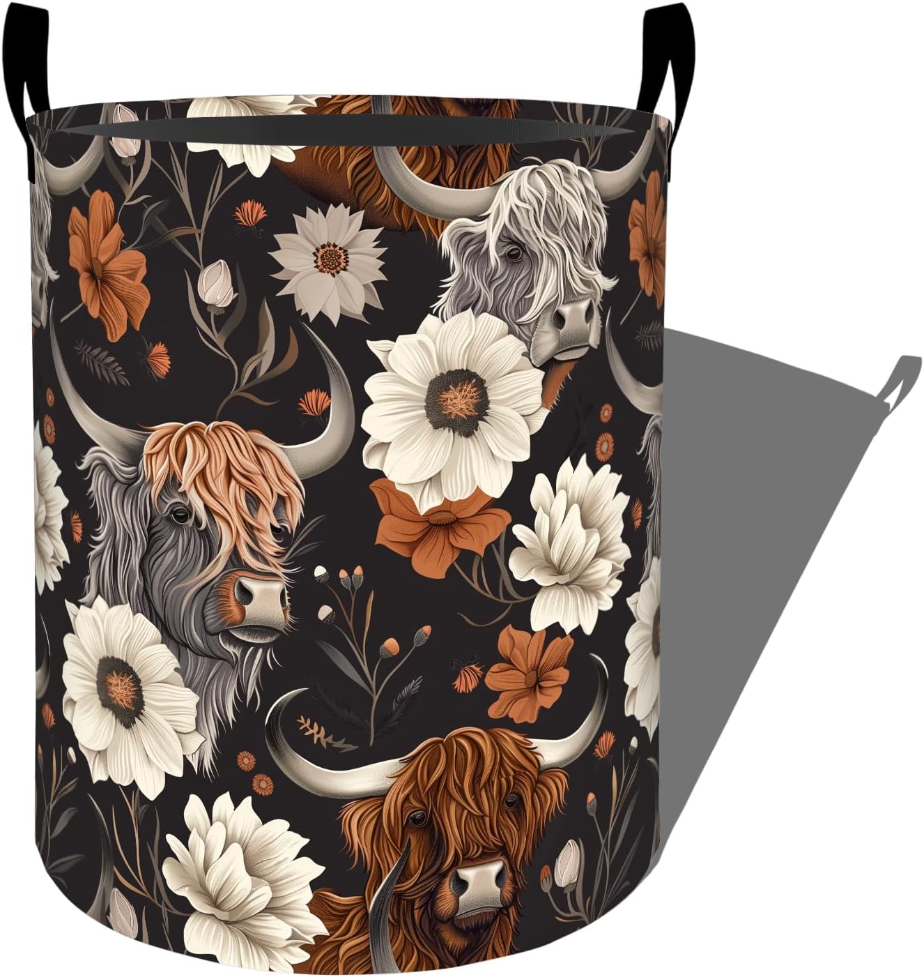 Cute Highland Cow and Flowers Laundry Basket with Handles, 19.7"x15.7" Clothes Foldable Laundry Hamper Organizer for Dorm Nursery Bedroom Bathroom Decor, Toy Storage Bin for Kids