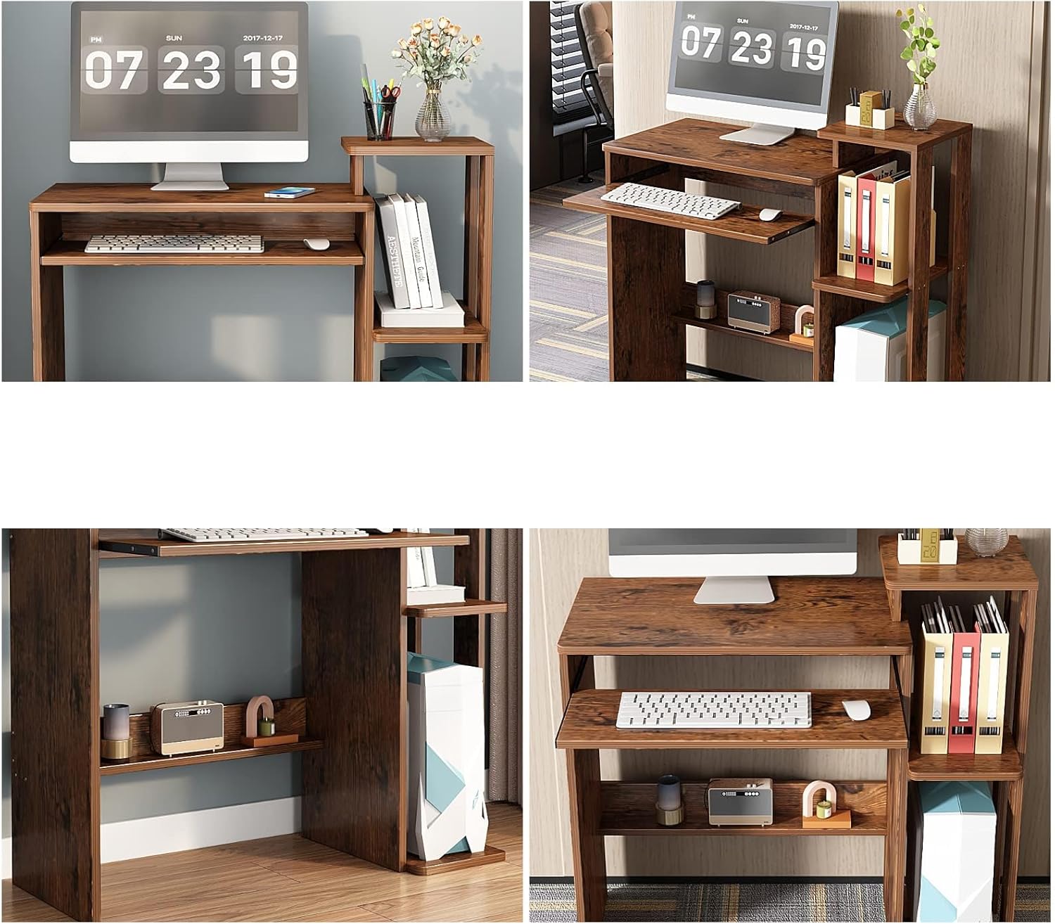 35" Compact Computer Desk with 3-Tier Storage Shelves & Keyboard Tray – Small Study Table for Bedroom or Home Office (Brown)