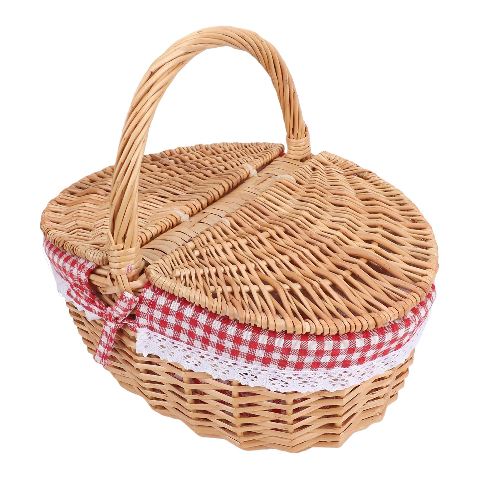 Generic Cestino da Picnic in Vimini Elegante Doppio Coperchio e Manico per Campeggio, Raccolta di Verdure, 13,19x9,65x11,81 Pollici (Griglia Rossa)