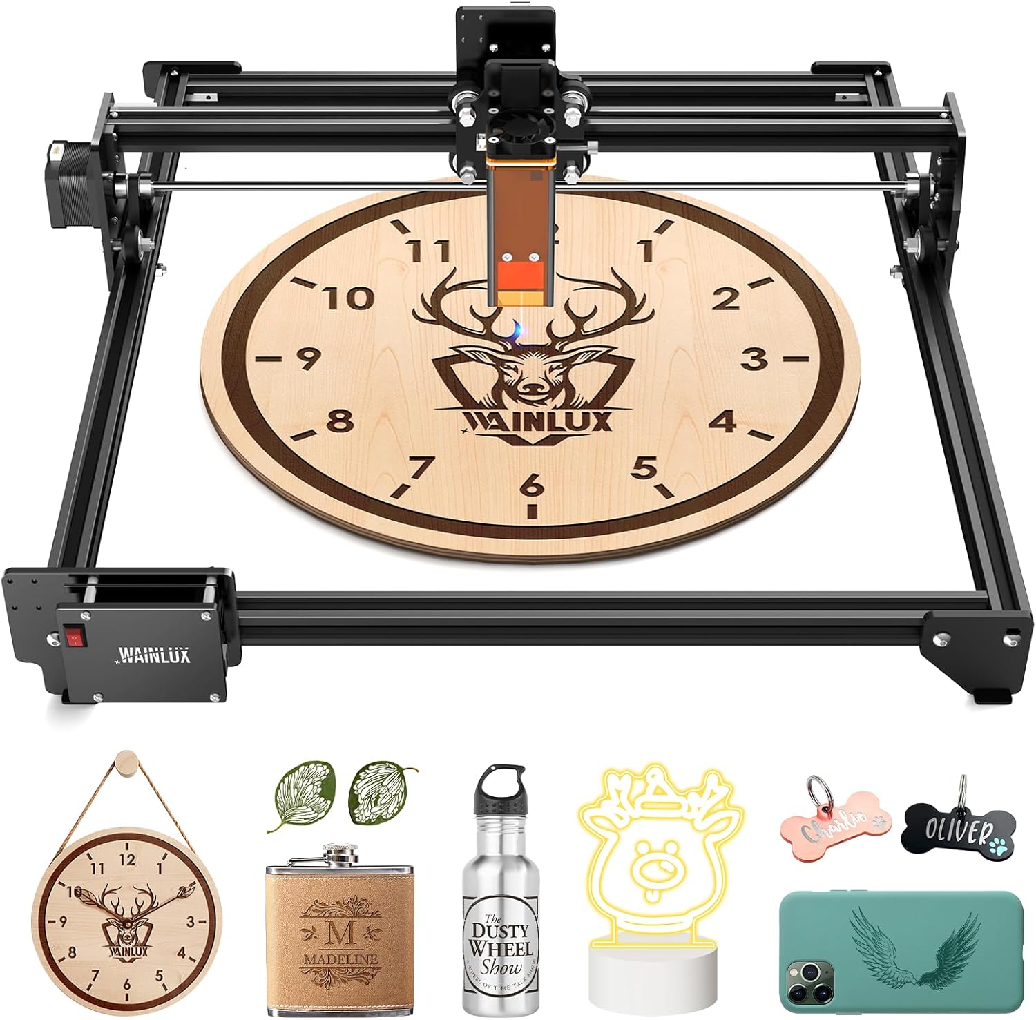 Top-down view of the WAINLUX JL3 Laser Engraving Machine with a circular wooden piece being engraved.