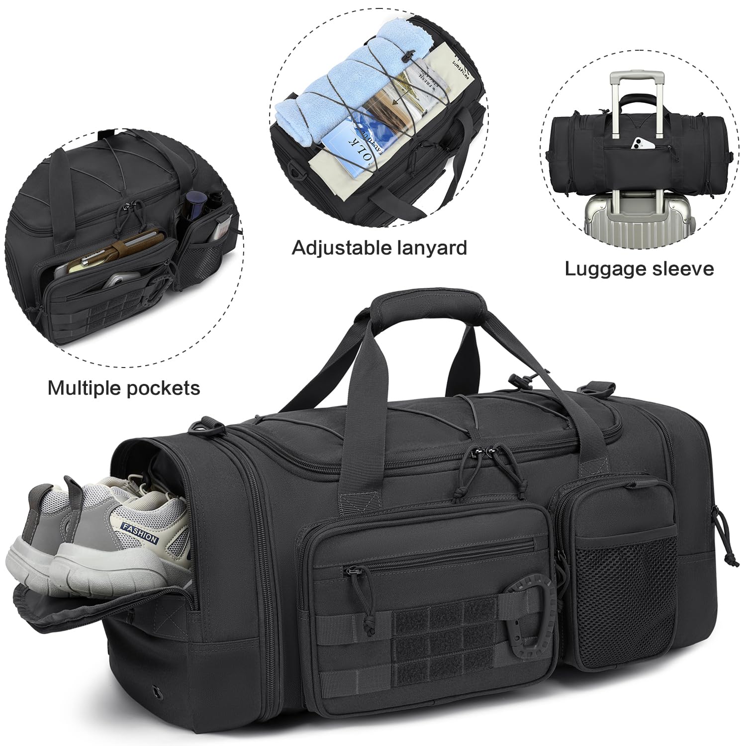 Taktische Reisetasche Sporttasche 40-45L Erweiterbar 3-in-1 Sporttaschen Herren Mittel mit Schuhfach Nassfach und Rucksackfunktion Trainingstasche Damen für Militär Fitness Gym Sauna, Schwarz