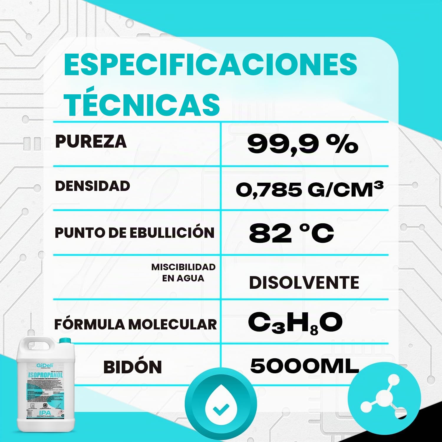 GiDeli Isopropanol 99,9% 4 x 5l - Alcohol isopropílico limpiador de alto porcentaje - Alcohol de limpieza para electrónica, accesorios de impresoras 3D, cristales, pantallas y lentes