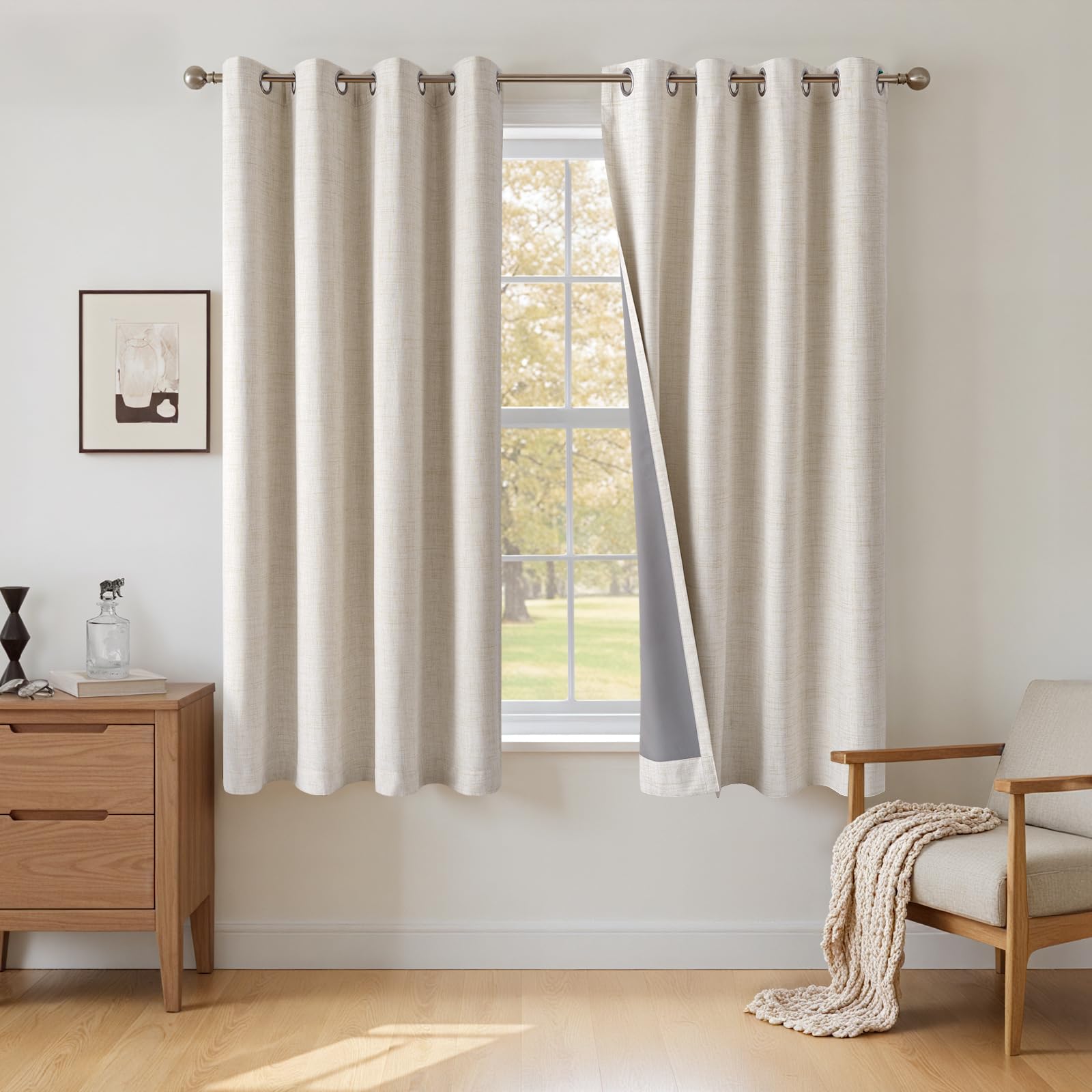 INOVADAY 100% Blackout Curtains 63 Inch Drop 2 Panels, Thermal Insulated Eyelet Curtains with Coating Back Layer for Bedroom & Living Room, 50" W x 63" L, Cream — image 1