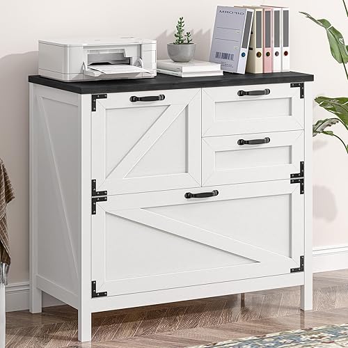 4-Drawer Wood Lateral File Cabinet for Hanging Files Letter/A4/Legal Size, Large Farmhouse File Cabinets for Home Office, Printer Stand with Office Cabinet, Office Furniture, White and Black