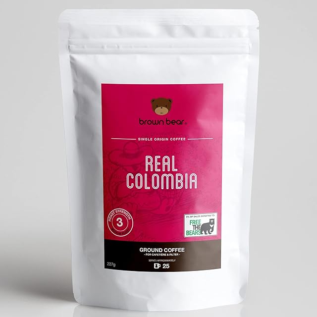 Colombian Medium Roast Ground Coffee 227g - Ideal for French Press Cafetiere Filter Drip V60 Aeropress - Brown Bear - Real Colombia Coffee - Donation to Free The Bears