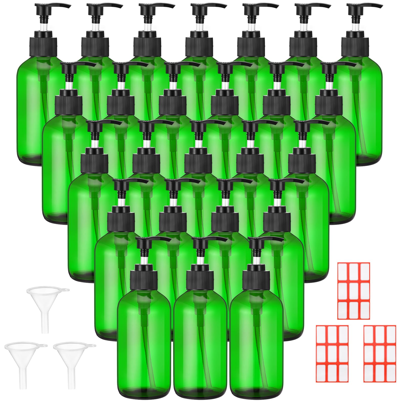 Tanlade 24 Pcs 8 oz Glass Pump Bottle Empty Bottle Glass Soap Dispenser with Pump Refillable Containers and Labels Funnels for Essential Oils Cleaning