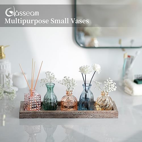 Miniatura 6 de Glasseam Jarrones de cristal para flor 5 coloridos jarrones pequeños con bandeja de madera rústica para el hogar, oficina, sala de estar, baño,