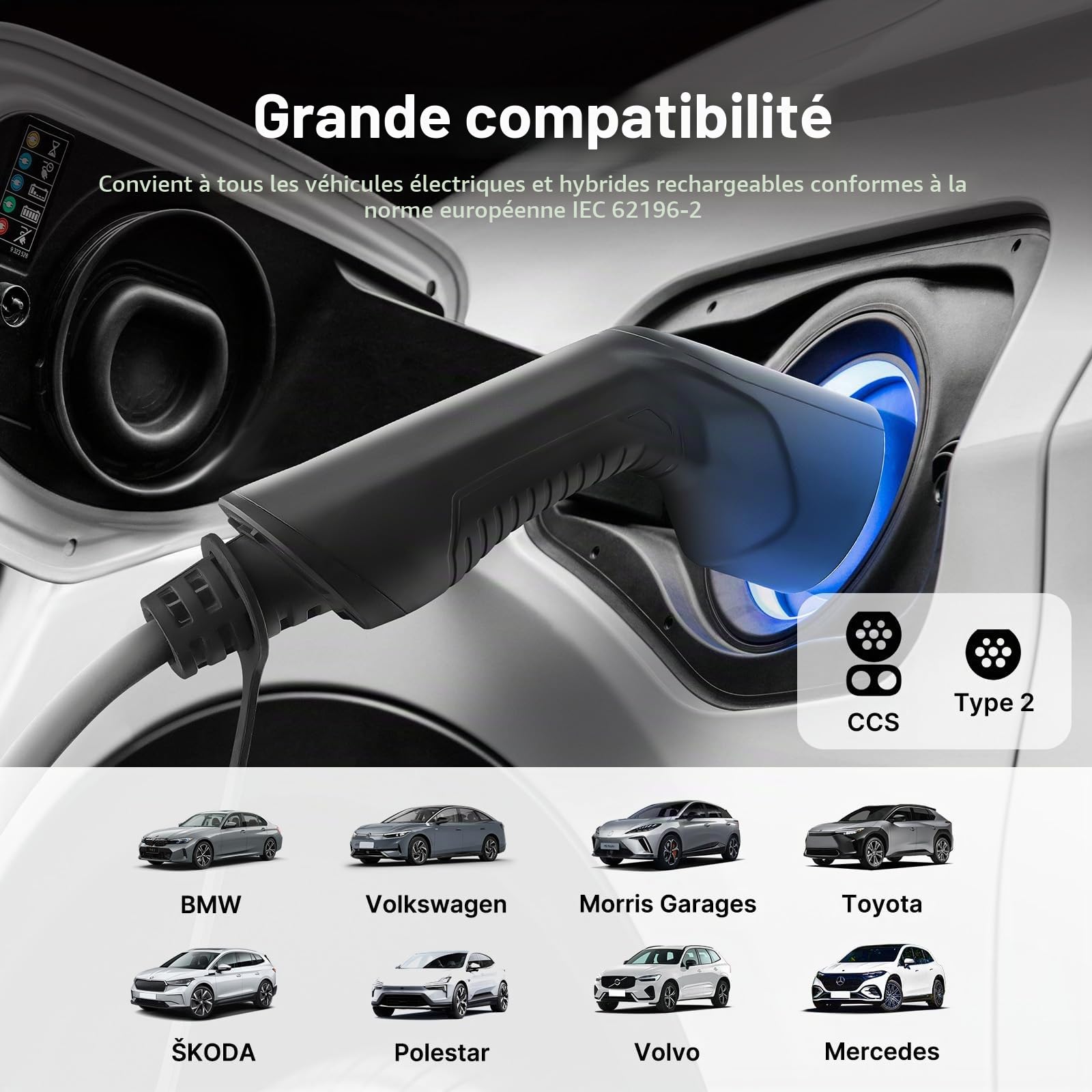 7,4kW Chargeur Voiture Electrique Type 2 avec P17 32A Prise, Monophasé | 16-32A | 6M EV Chargeur, Station de Charge avec écran Numérique, Cable Recharge Voiture Électrique pour EV & PHEV IP66