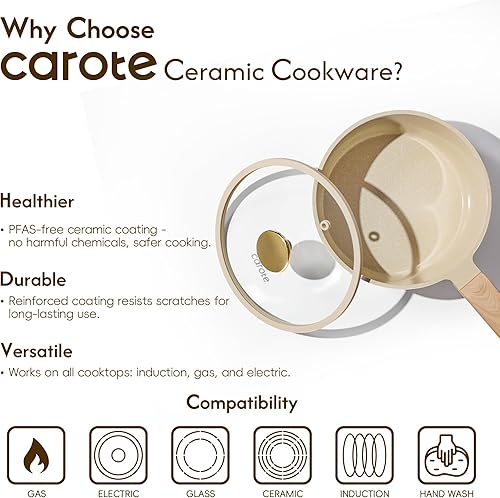 Miniatura 5 de CAROTE Juego de Cacerolas de 1.6 y 3.0 Cuartos de Galón con Tapa, Juego de Ollas Antiadherentes de Cerámica No Tóxicas, Cacerola con Mango que se
