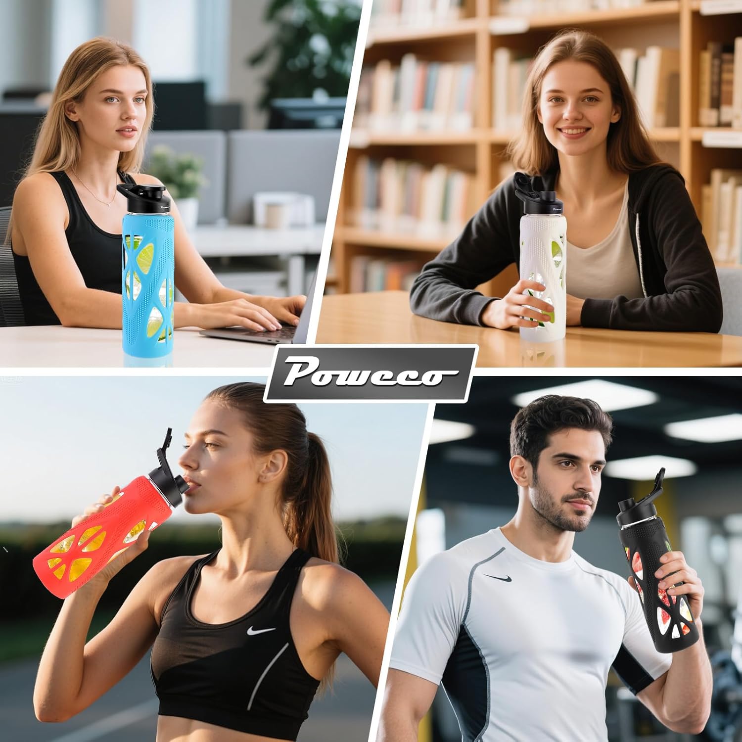 24oz Glass Water Bottle with Silicone Sleeve and Spout Lid - High Borosilicate Glass, Wide Mouth, Leakproof with Handle, BPA-Free, Perfect for Hydration on the Go (Deep Black) - Image 6