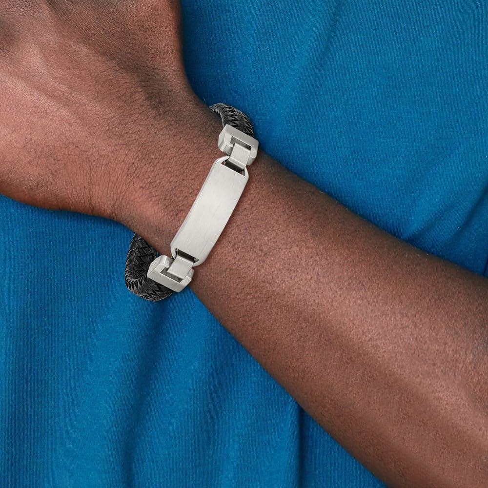 Real Stainless Steel Men's Brushed Black Leather 8.5in ID Bracelet Engravable Identification Name Bar Tag 8.5" (Width = 10mm)