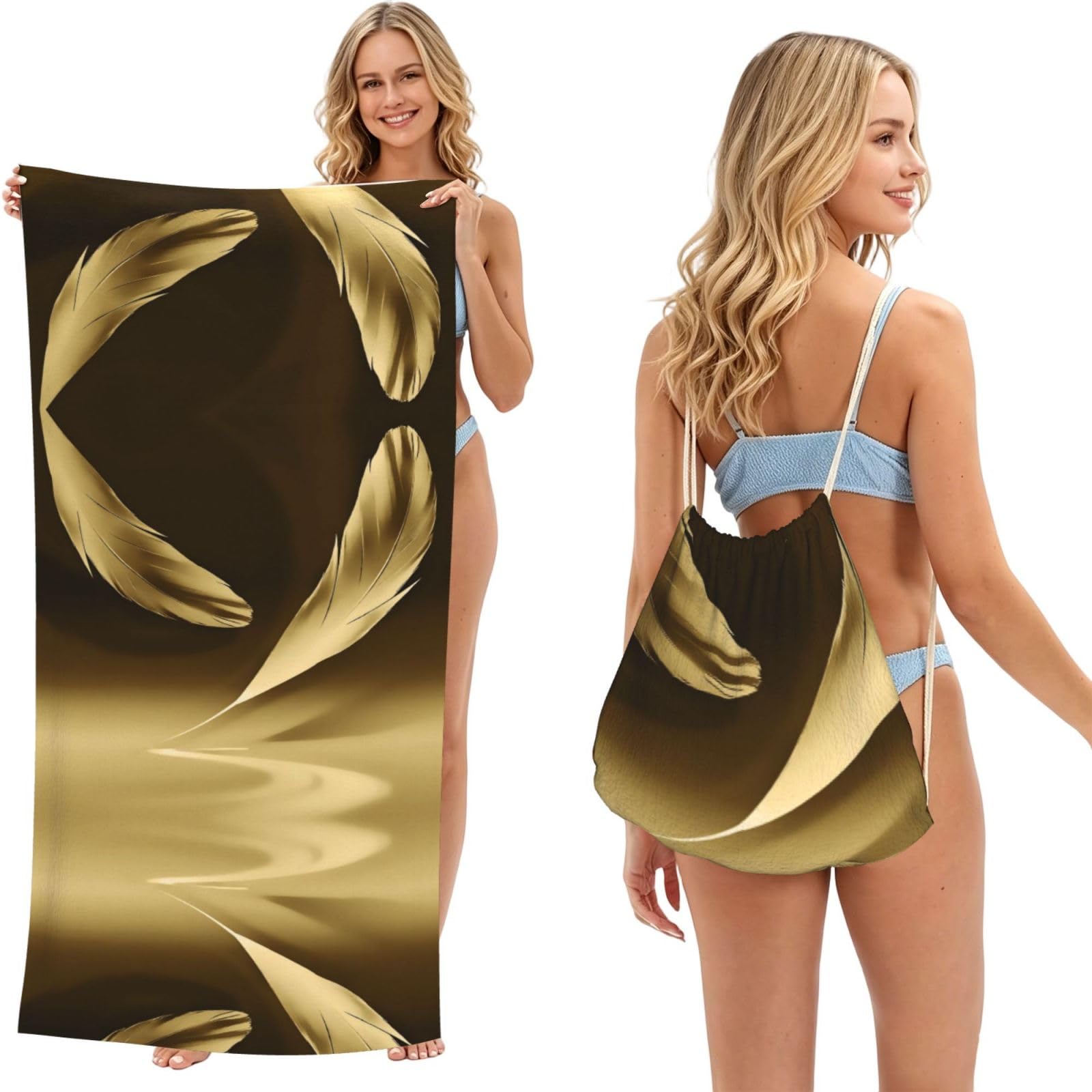 ESNAIUVCD Golden Feathers Print Beach Towel For Adults,Towel With Drawstring Bag, Travel Pool Swimming Sports Shower Sand Free Quick Dry Bath Towel For Pool, Beach, Yoga- 180x60cm