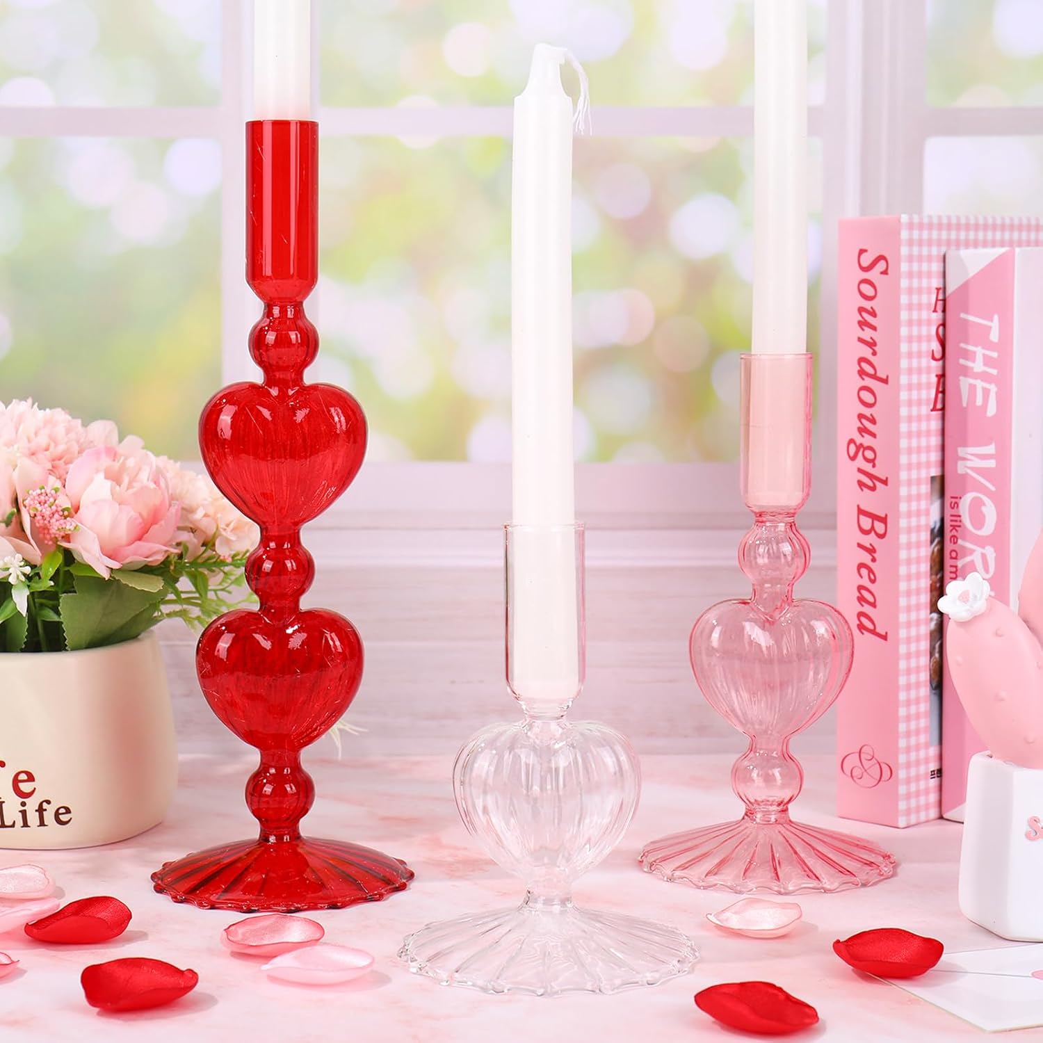 JarThenaAMCS 3Pcs Valentine's Day Taper Candle Holder Glass Candlestick Holder Clear Red Pink Heart Candle Stick Vase for Wedding Anniversary Party Table Centerpiece Decor