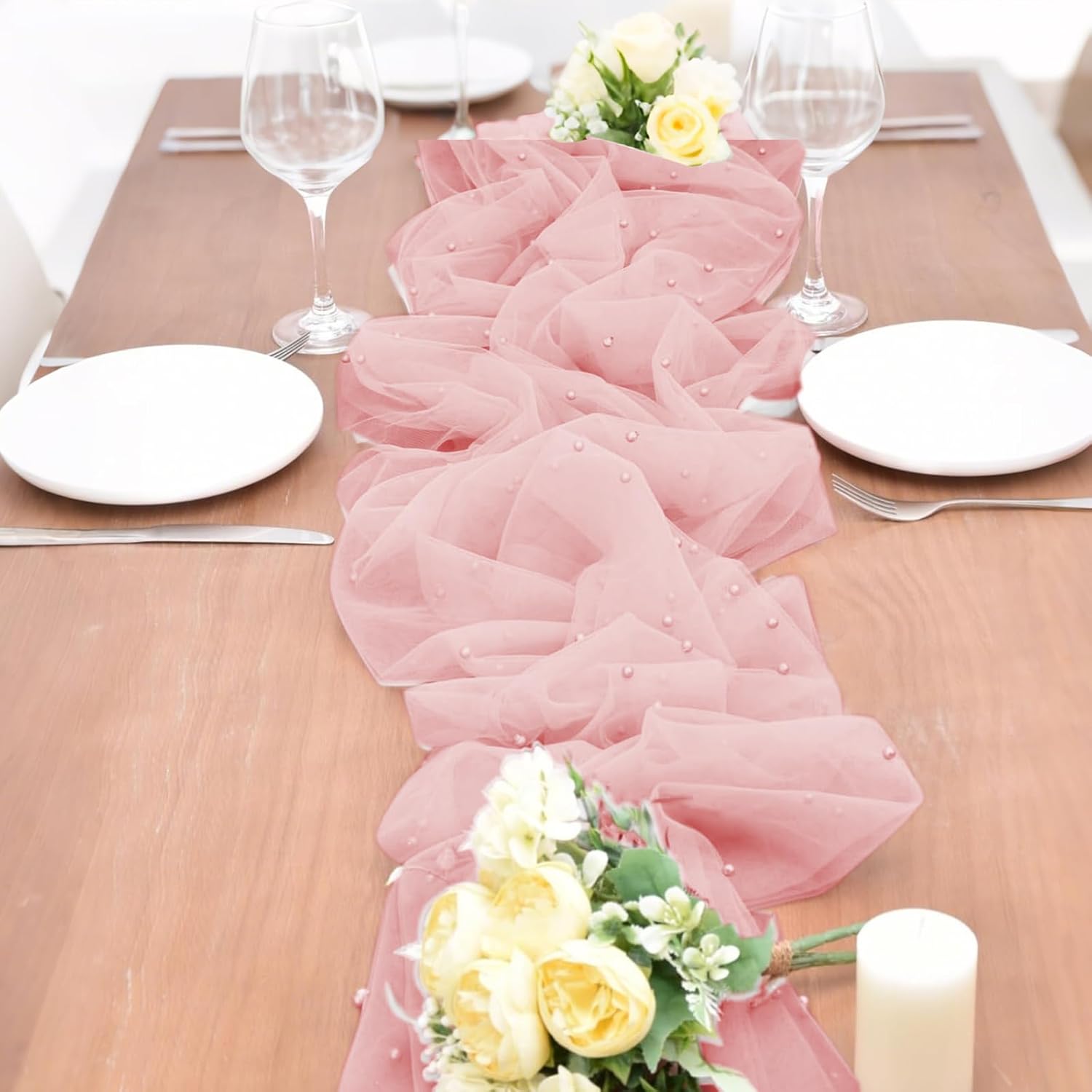 Set of 6 Pearl Table Runner,10ft Pearl Table Cloth, 29.5x120 Inch Tulle Chiffon Fabric for Wedding Decor, Birthday Party Dining Table Cover (Pink)