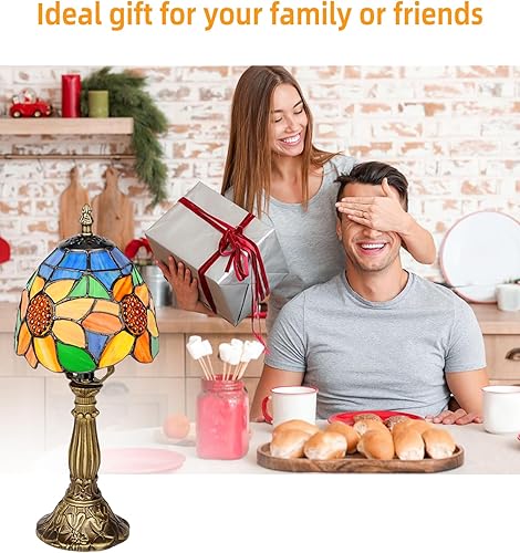 Miniatura 8 de Lámpara de mesa estilo Tiffany, lámpara de cristal manchado de girasol de 6 pulgadas, pequeña lámpara de noche antigua para dormitorio, sala de