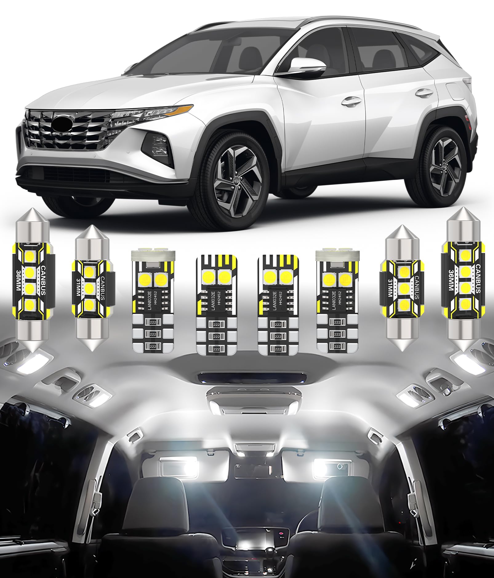 BMT xms 10pz Kit di Luci LED per Interni per HYUNDAI Tucson TL NX4 2016-2024, Lampadine LED per Interni Auto e Camion 6000K Bianco Luminoso