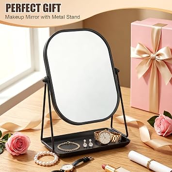 Makeup Mirror with Stand - 360° Rotating Vanity Mirror Black Framed Metal Bathroom Mirrors with Storage Tabletop Cosmetic Mirror for Living Room, Bedroom, Tabletop