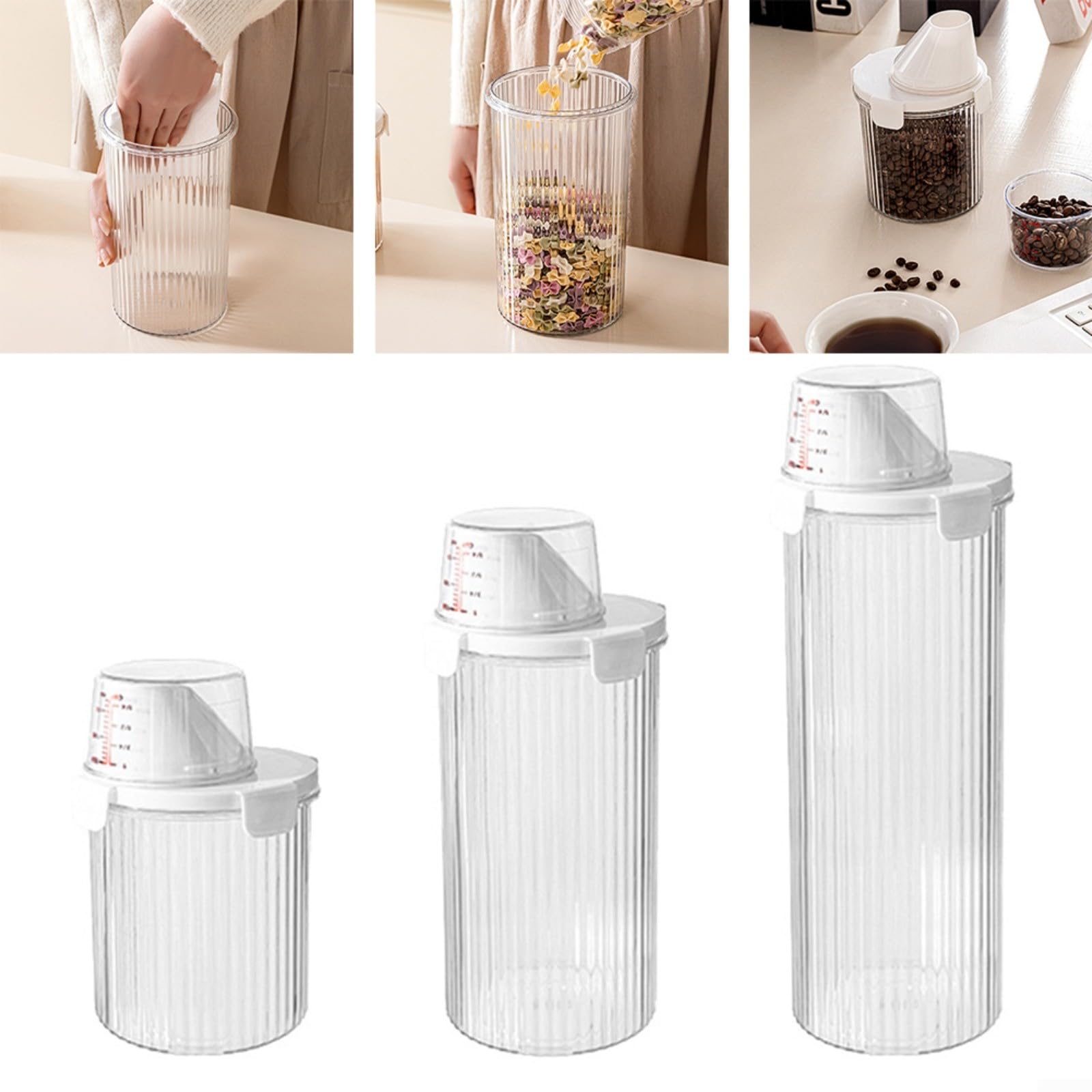 Contenitore ermetico trasparente con beccuccio e paletta per riso, cereali, farina, zucchero, noci, fagioli, cibo secco, dispensa, organizer in plastica grande (piccolo+medio+grande)