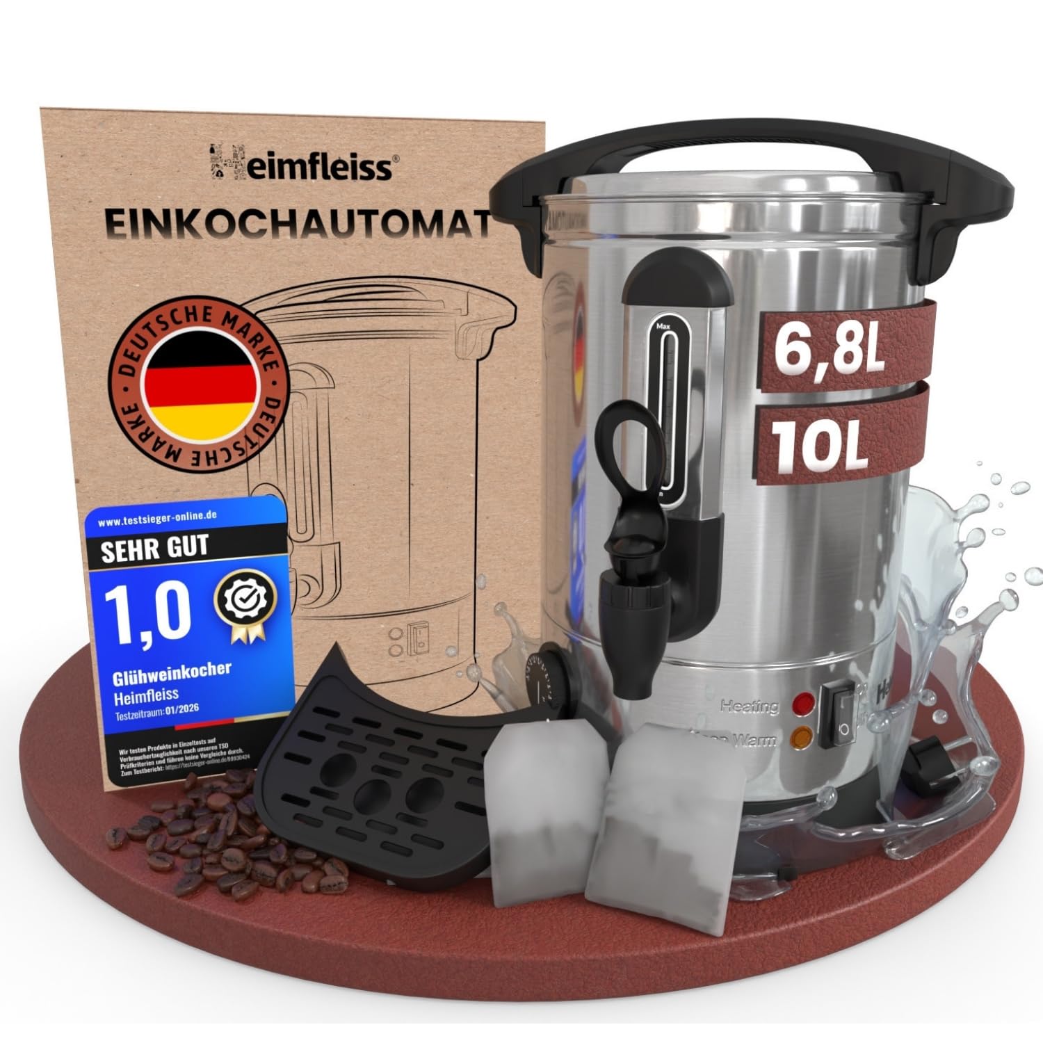 Heimfleiss® Glühweinkocher 6,8L aus Edelstahl | 1500W Einkochautomat für Glühwein, Punsch & Tee | Glühweintopf mit Zapfhahn, Thermostat & Abtropfschale | Heißwasserspender & Heißgetränkeautomat