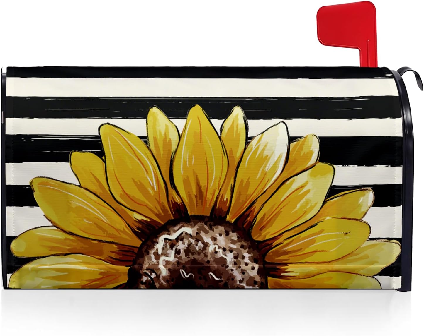 Seasonal Summer Sunflower Mailbox Covers Magnetic 18x21 Inch, Retro Black and White Striped Yellow Floral Mailbox Wraps Post Letter Box Cover Decorations for Holiday Garden Yard Decor