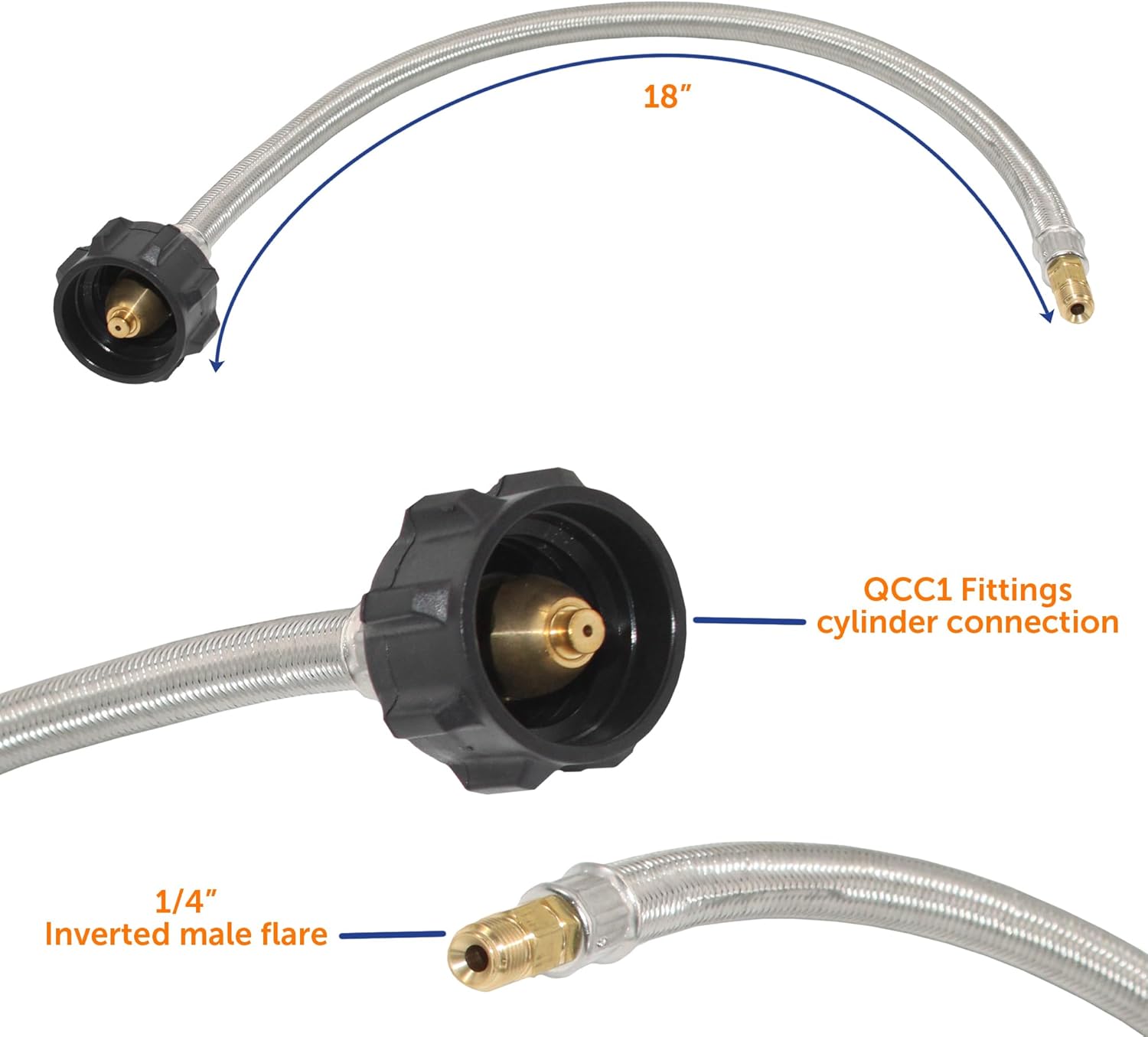 Flame King KT18ACR-2SS 2-Stage Auto Changeover LP Propane Gas Regulator with Two 18-inch Steel Braided Pigtail Hoses for RVs, Vans, Trailers