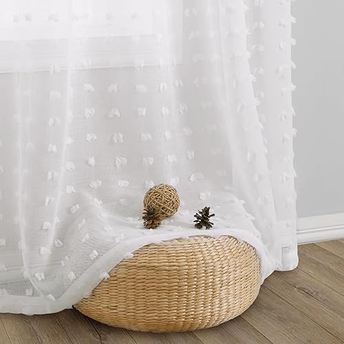 Miniatura 7 de Guken 2 paneles de cortinas traslúcidas con pompones y ojales de 84 pulgadas de largo, para sala de estar, comedor, cortinas texturizadas para