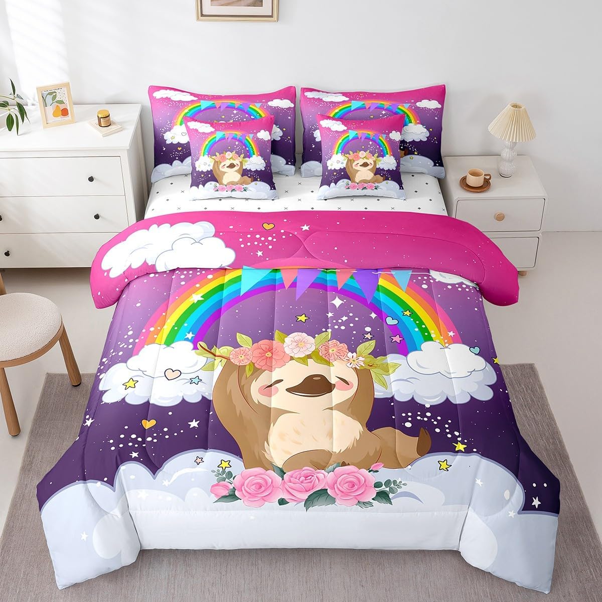 Erosebridal Galaxy Comforter Set for Kids,Kawaii Sloth Twin Bed in A Bag Girls Rainbow Striped Clouds Stars Bedding Sets,(1 Comforter,2 Pillowcases,1 Flat Sheet,1 Fitted Sheet,2 Throw Pillow Covers)
