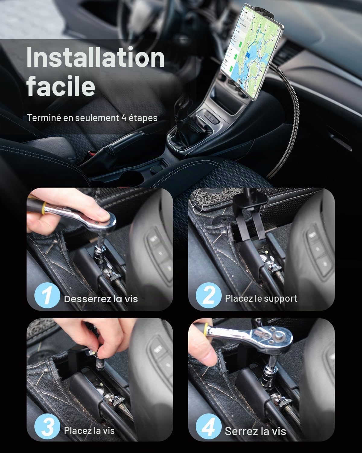 Support Tablette Camion Siège Rail avec Bras col de Cygne de 19,7" de Long, Porte Tablette Rail siège Voiture, pour iPad, Sumsung Tab, Sony Autre 4.7-12.9" Telephone et Tablette