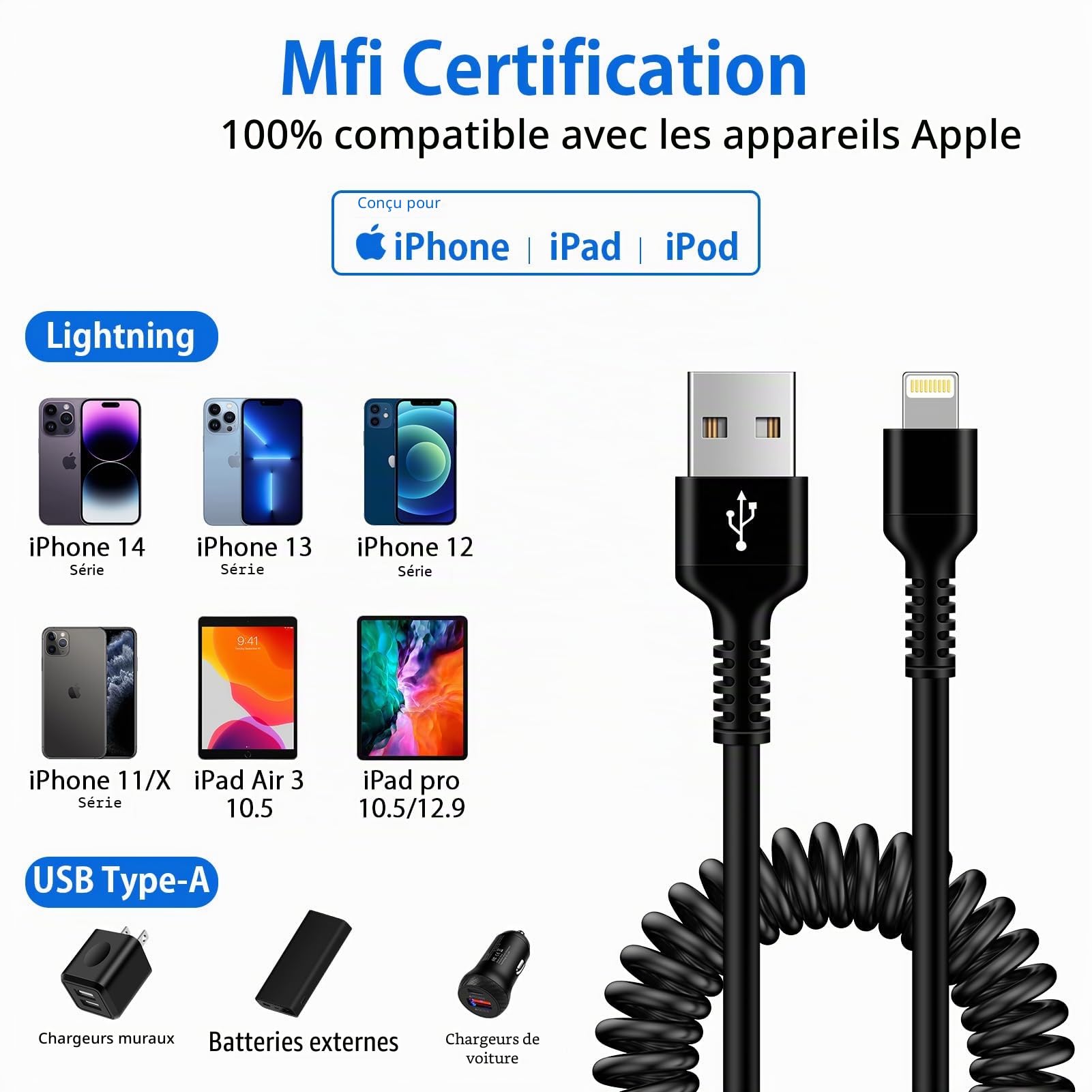Cable Spiralé USB A à Cable Lightning, Cable iPhone Voiture Carplay [Certifié Apple MFi], Chargeur iPhone Court Rétractable avec Transmission de Données pour iPhone 14 13 12 11 Pro Max XS XR X 8 7