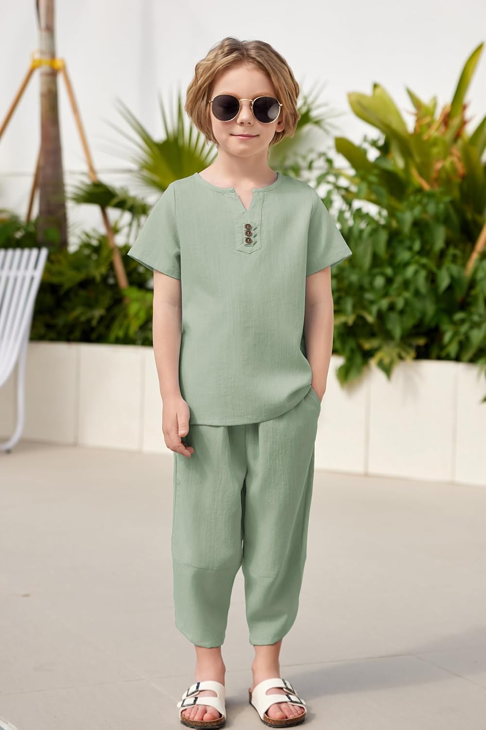 Arshiner Boy's 2 Pieces Clothes Set Henley Shirt Short Sleeve and Pants Wide Leg Baggy Summer Casual Outfits - Image 2