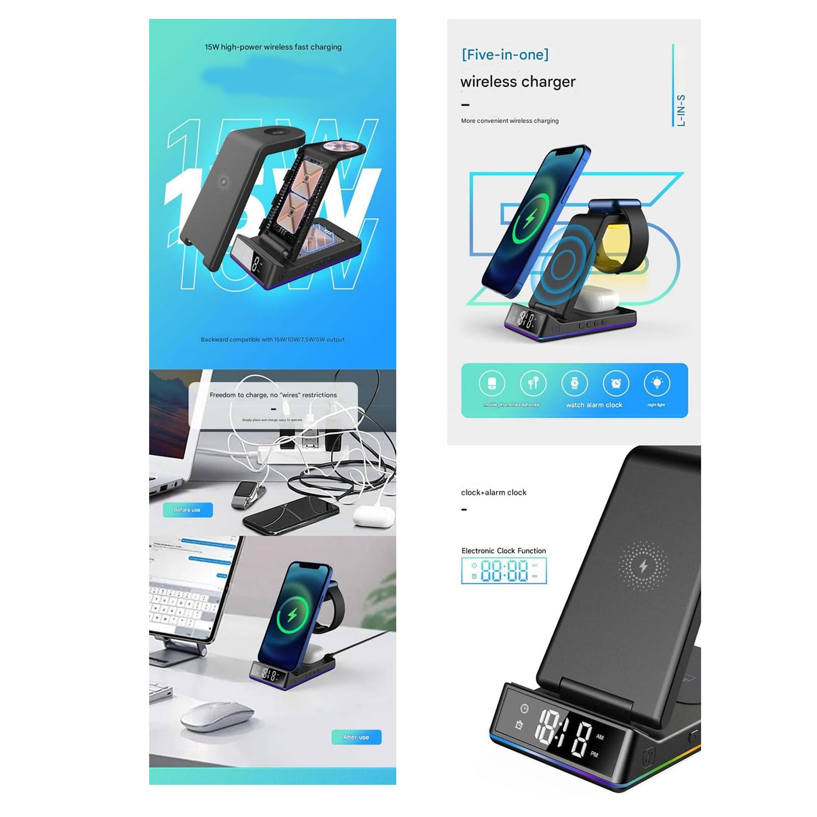Support de charge pour téléphone, montre, écouteurs, station de charge pliable sans fil avec veilleuse, horloge et alarme