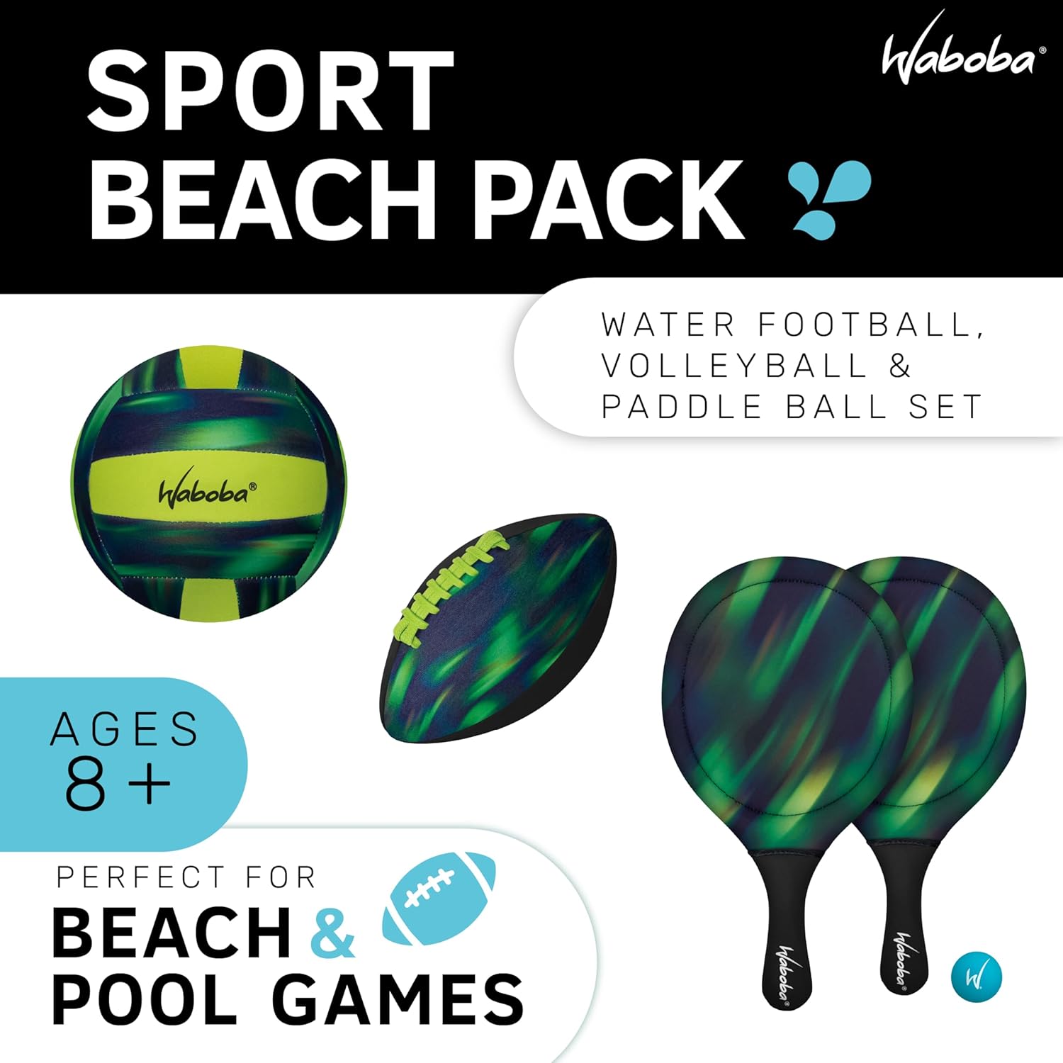Waboba Sport Beach Pack – Includes 9 Inch Water Football, Beach Volleyball & Paddle Set – Perfect Summer Essential Bundle for Beach Games – Vacation Toys for Kids & Adults Ages 8 & Up – Green