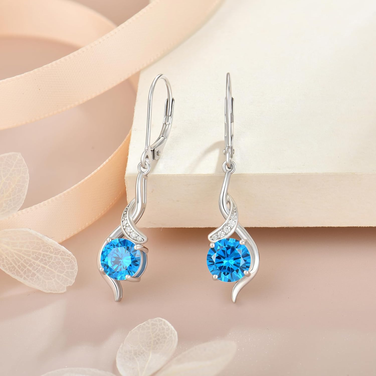 Women‘s Birthstone Earrings S925 Sterling Silver Imitation Diamond Infinity Drop Earring Leverback Jewelry Gift for Her