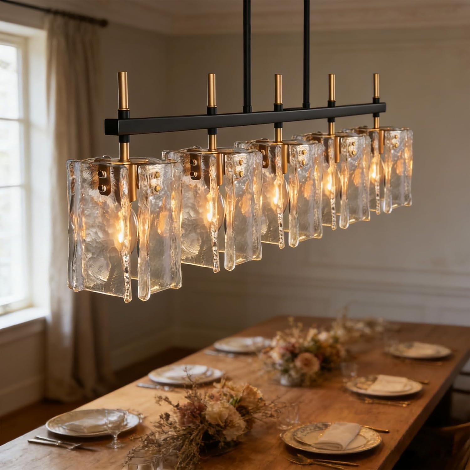 5-Light Dining Room Light Fixture 42"L Black and Gold Linear Chandeliers for Dining Room Over Table, Farmhouse Kitchen Island Pendant Light Fixtures with Clear Glass Shade and Adjustable Rods