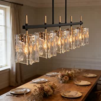 5-Light Rectangular Dining Room Light Fixture 42" Black and Gold Glass Linear Chandeliers