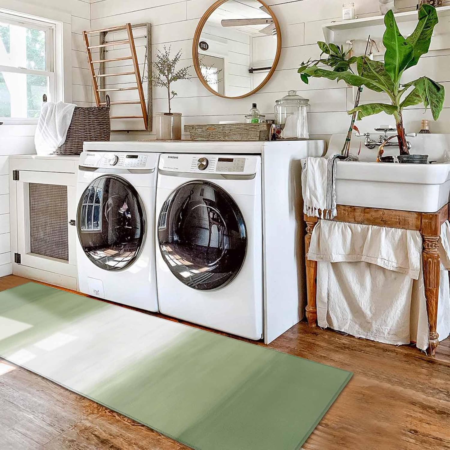 Teamery Kitchen Mats for Floor Gradient Sage Green Washable Non Slip Kitchen Rugs 2PCS, Modern Minimalist Art Absorbent Standing Mats for Sink Bathroom Office Living Room 15.7x23.6in+15.7x47.2in