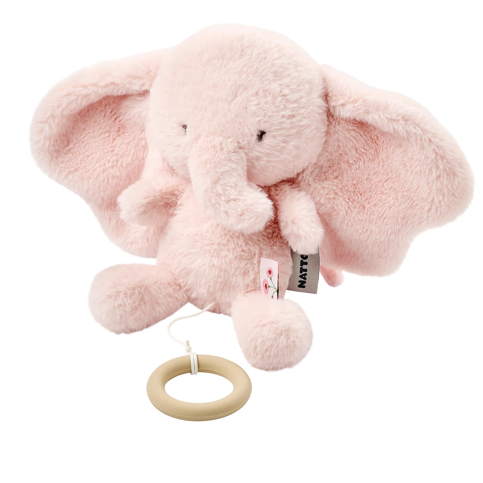 Nattou Carillon in Peluche a Pelo Lungo, Elefante, Ninna Nanna "La-Le-Lu", Con Anello, 100% Poliestere, FanFan, Rosa