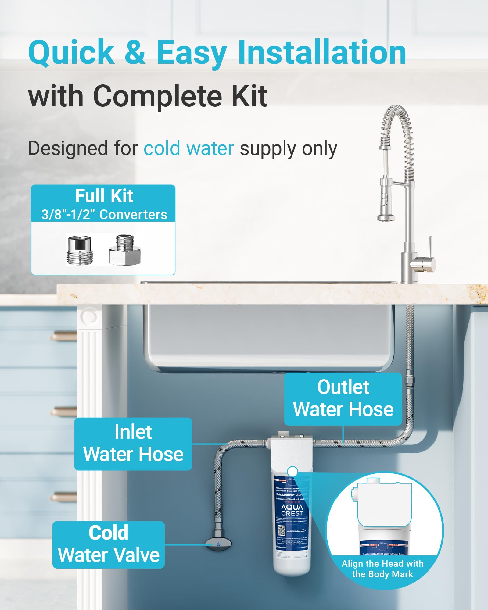 AQUA CREST UP16 Sistema di Filtrazione Sotto Lavello, Collegamento Diretto al Rubinetto Cucina, Riduce 99,52% Cloro, Sapori e Odori, 11K Galloni