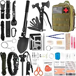 Kit de Sobrevivência Tático Militar 28 em 1, Mochila MOLLE com Equipamentos de Emergência, Primeiros Socorros, Verde Militar OBA
