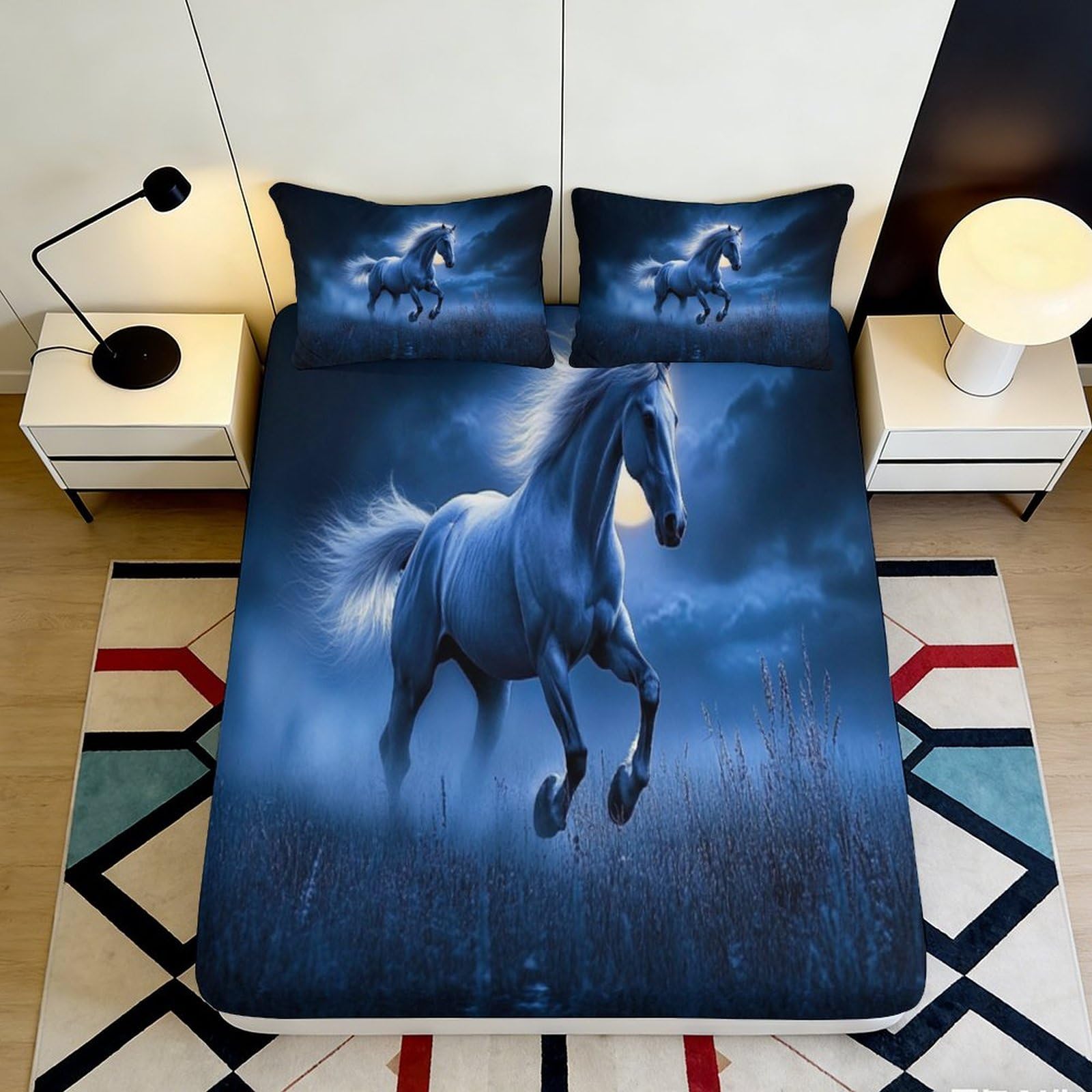 3D Printed Moonlight Horse Fitted Sheet Microfiber Blue Running Stallion Mattress Cover Anti-Slip Washable for Bedroom Decor 90x200x25cm