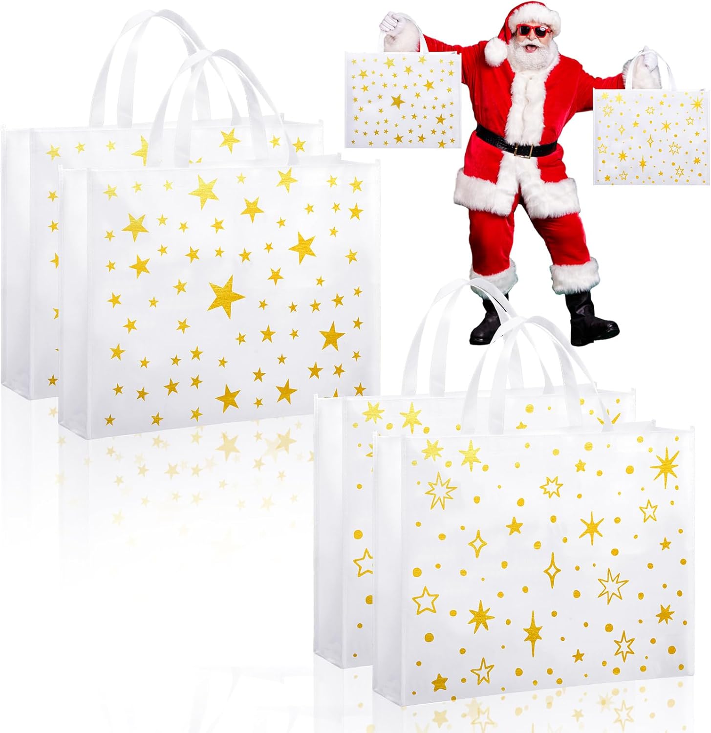 PerKoop 4 Pcs Extra Large Star Christmas Bags Gift 20 x 16 Inch Golden Star Tote with Handles Reusable Jumbo Bags for Holidays Xmas Gifts Wrapping Party Favor Supplies