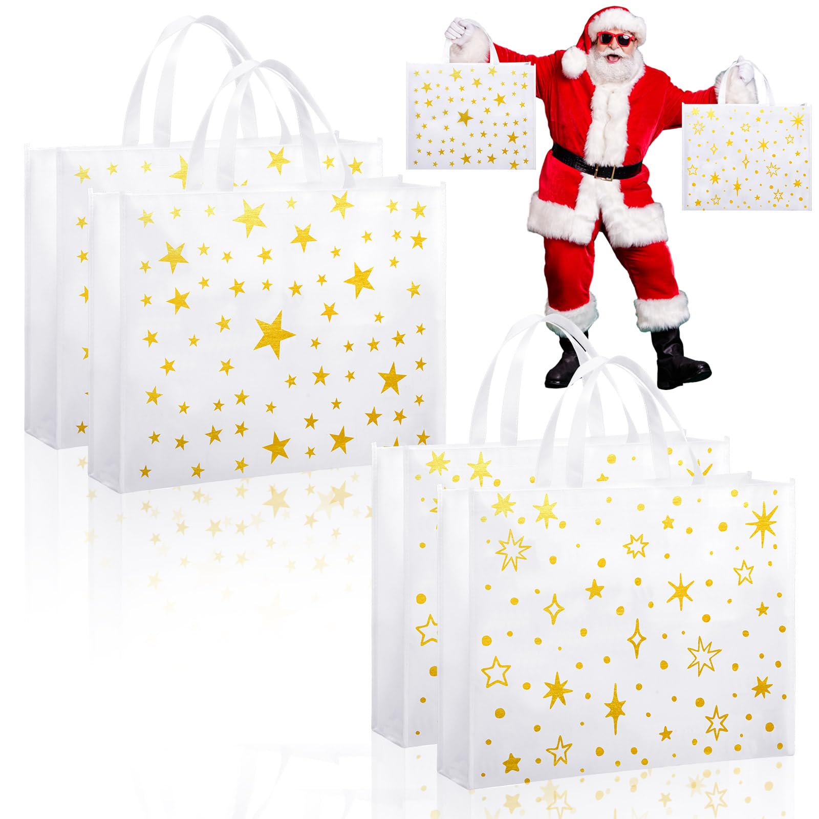 PerKoop 4 Pcs Extra Large Star Christmas Bags Gift 20 x 16 Inch Golden Star Tote with Handles Reusable Jumbo Bags for Holidays Xmas Gifts Wrapping
