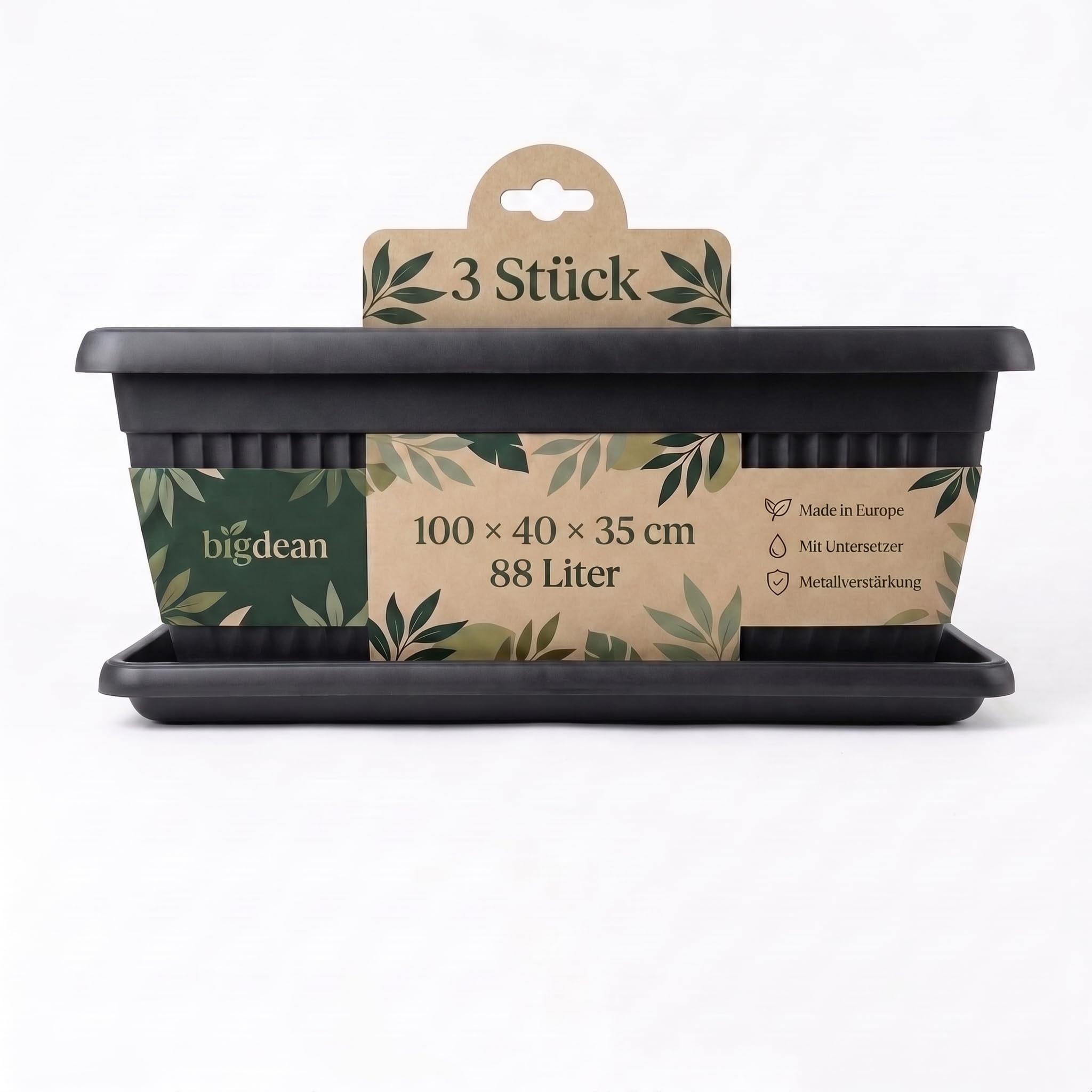 BigDean 3 Stück XXXL Blumenkübel 100×40×35cm 88 L Blumenkasten Blumentopf | Mediterranes Design, Lieferung inkl. Untersetzer, Farbe: Anthrazit, Pflanzkübel, XXXL, Extra-Groß, Pflanztopf