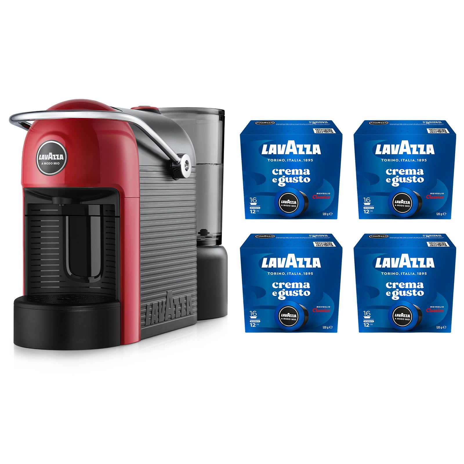 Lavazza A Modo Mio Jolie Evo, Macchina per Caffè Realizzata con 36% di Plastica Riciclata, Macchina Espresso con 64 Capsule Lavazza A Modo Mio Crema e Gusto Classico Incluse, Rossa