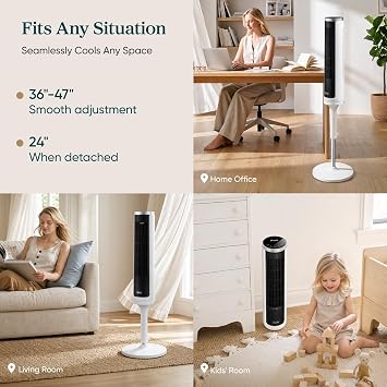 LEVOIT Tower Fan for Bedroom, Standing Fan with 36-47 Adjustable Height, 90 Oscillating Room Fan, 28dB Quiet for Sleep, 23 ft/s Velocity, 5 Speeds 4 Modes, 12H Timer, Remoter, for Home, White